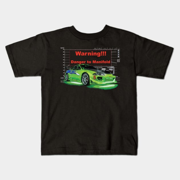 The Fast and Furious Eclipse kawasaki Green - Warning Danger to Manifold Race Kids T-Shirt by cowtown_cowboy